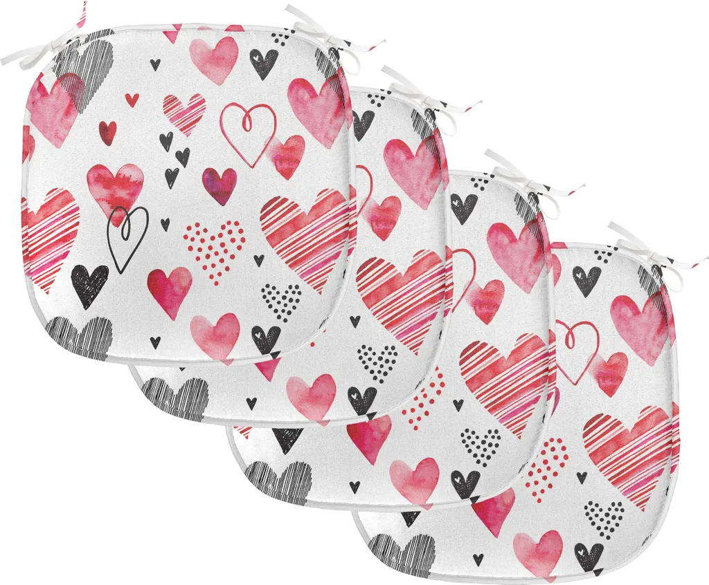 ABAKUHAUS Valentine Imbottitura per sedie da sala da pranzo, diverse forme a cuore, cuscino decorativo impermeabile con cinturini per sedie da cucina, 40 cm x 40 cm - confezione da 4, nero bianco rosa