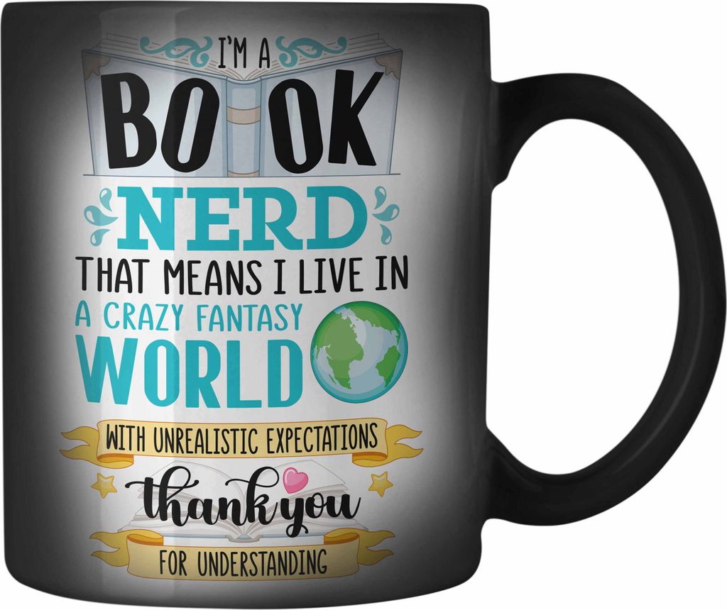 Trendation - Lesen Karabiner Farbwechsel Zauber-Tasse Edelstahl Leseratte Geschenkidee Buch Leser Farbwechsel Zauber-Tasse mit Spruch Bücherwurm (...