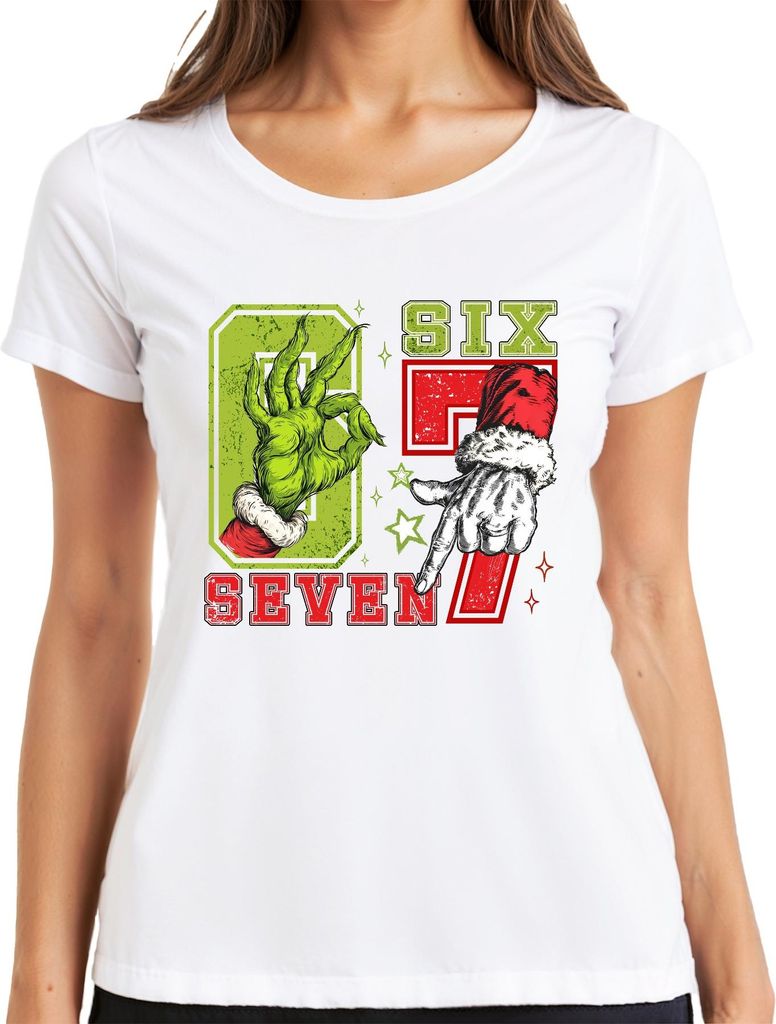 Grinch Hand Weihnachtsmann Six Seven 6 7 Meme Spruch Weihnachten Damen T-Shirt, Weiß, M
