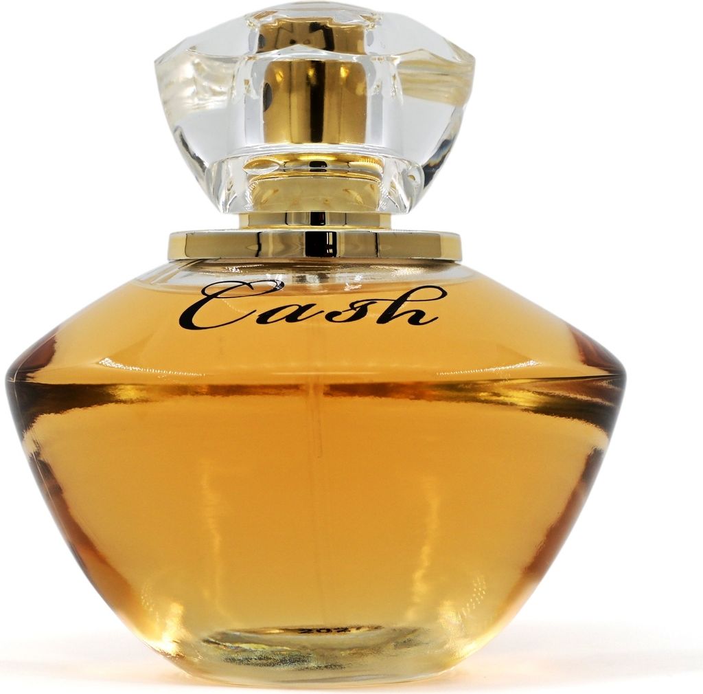 A perfume bottle with a gold cap and a clear faceted lid, filled with amber-colored liquid.