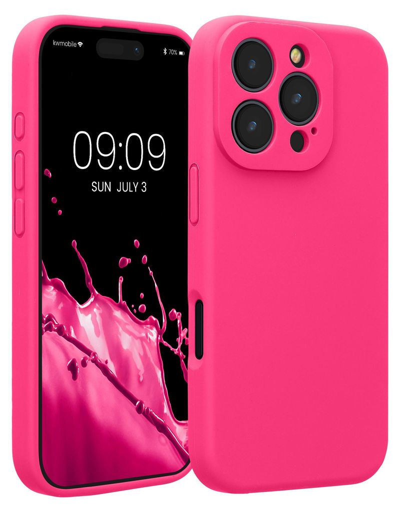 kwmobile Handyhülle für Apple iPhone 16 Pro Hülle - gummierte Handy Silikon Case für iPhone 16 Pro - Schutzhülle Cover - Neon Pink
