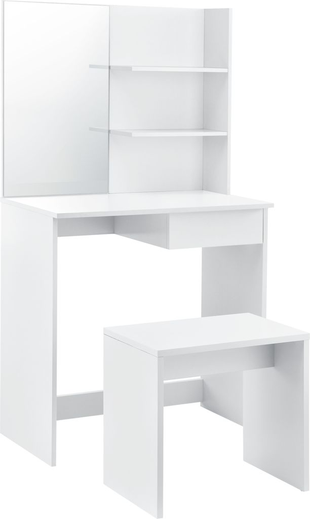 A white vanity table with a mirror and a matching stool, set against a white background.