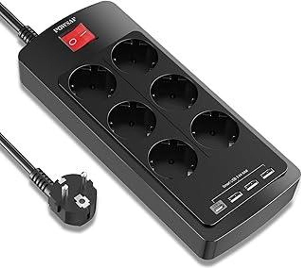 POWSAF Steckdosenleiste mit USB-C-Anschluss, 6 Steckdosen, 3 USB-A-Anschlüsse und 1 USB-C-Anschluss, mit Schalter, geeignet für Homeoffice - Schw...