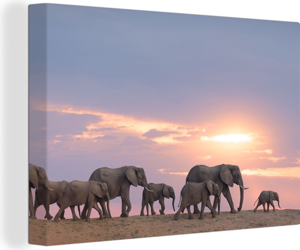 OneMillionCanvasses - Leinwandbilder - 140x90 cm, Elefantenherde auf dem Weg durch die Savanne mit orangefarbenem Himmel, Wandbilder Kunstdruck W...