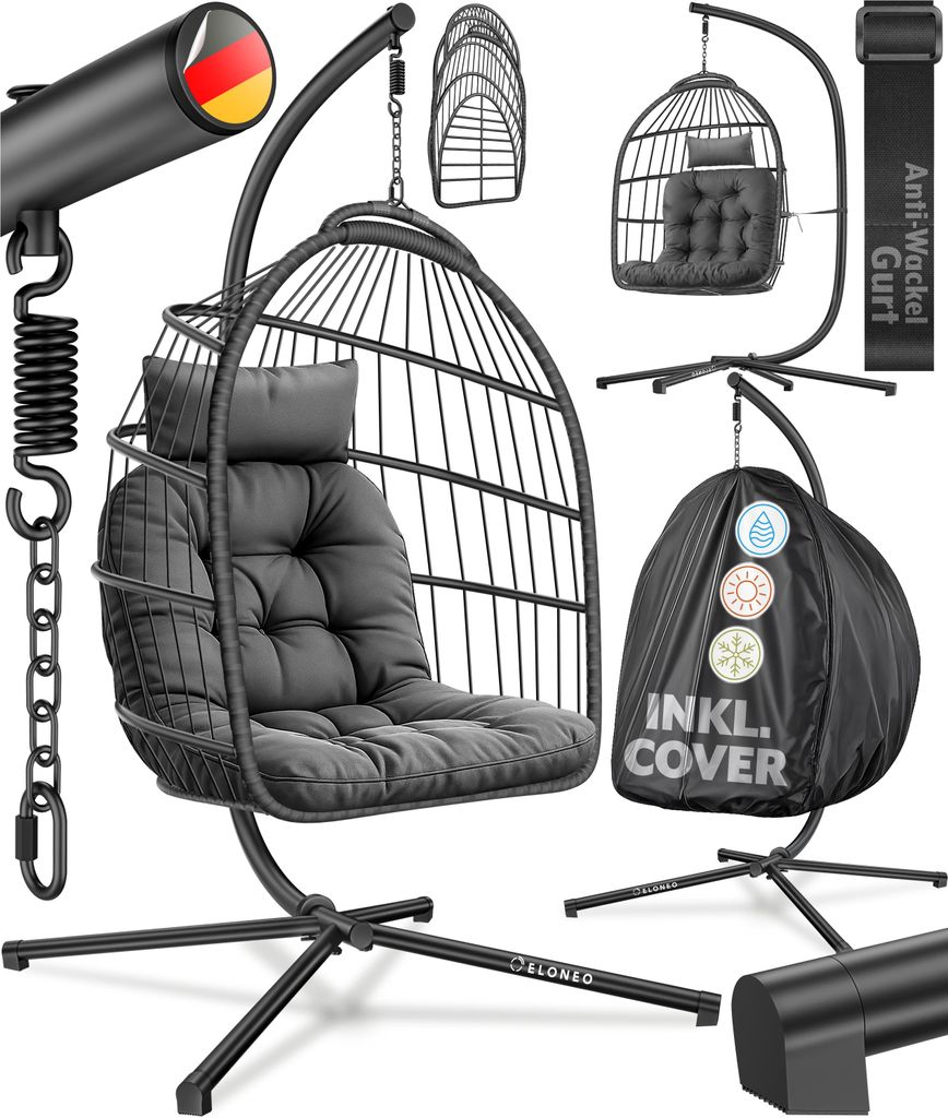 ELONEO Hängesessel mit Gestell, gemütlicher Schaukelstuhl für Indoor & Outdoor, Hängeschaukel, belastbar bis 160kg - Anthrazit