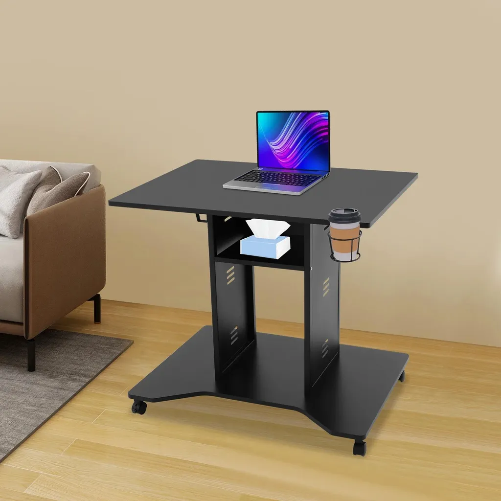 Bureau mobile en U noir avec 4 roulettes pivotantes et freins intégrés