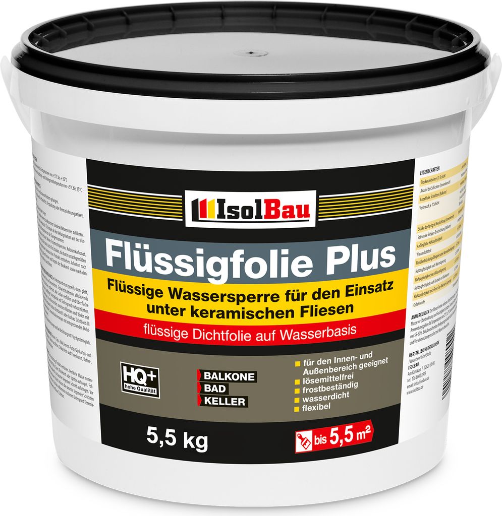 Isolbau Flüssigfolie PLUS 5,5kg - Dichtfolie für innen & Außenbereich - für Wand & Boden - Balkonabdichtung, Terrasse - Lösemittelfreie, wasse...
