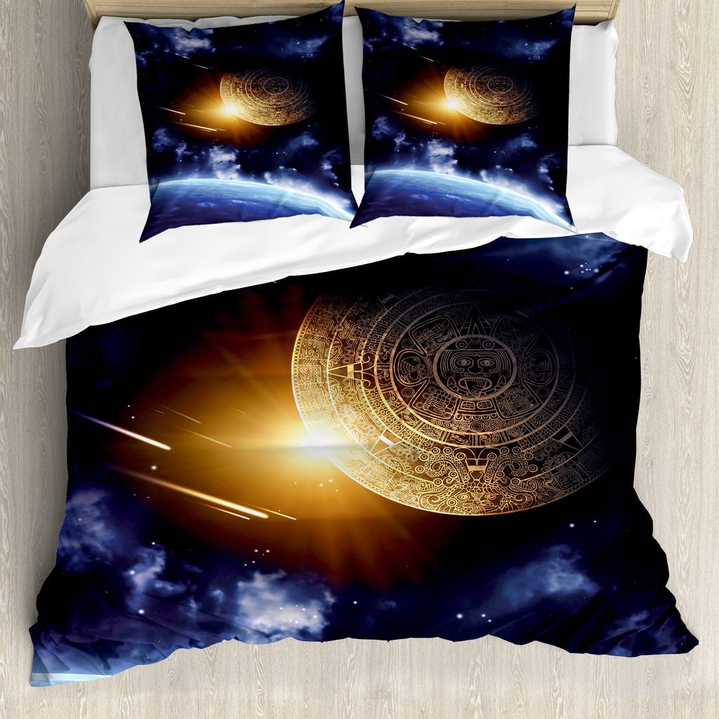 ABAKUHAUS Galaxis Bettbezug, Mystische Erde Landschaft, Milbensicher Allergiker geeignet mit Kissenbezügen, 155 cm x 220 cm - 80 x 80 cm, Blau Gelb