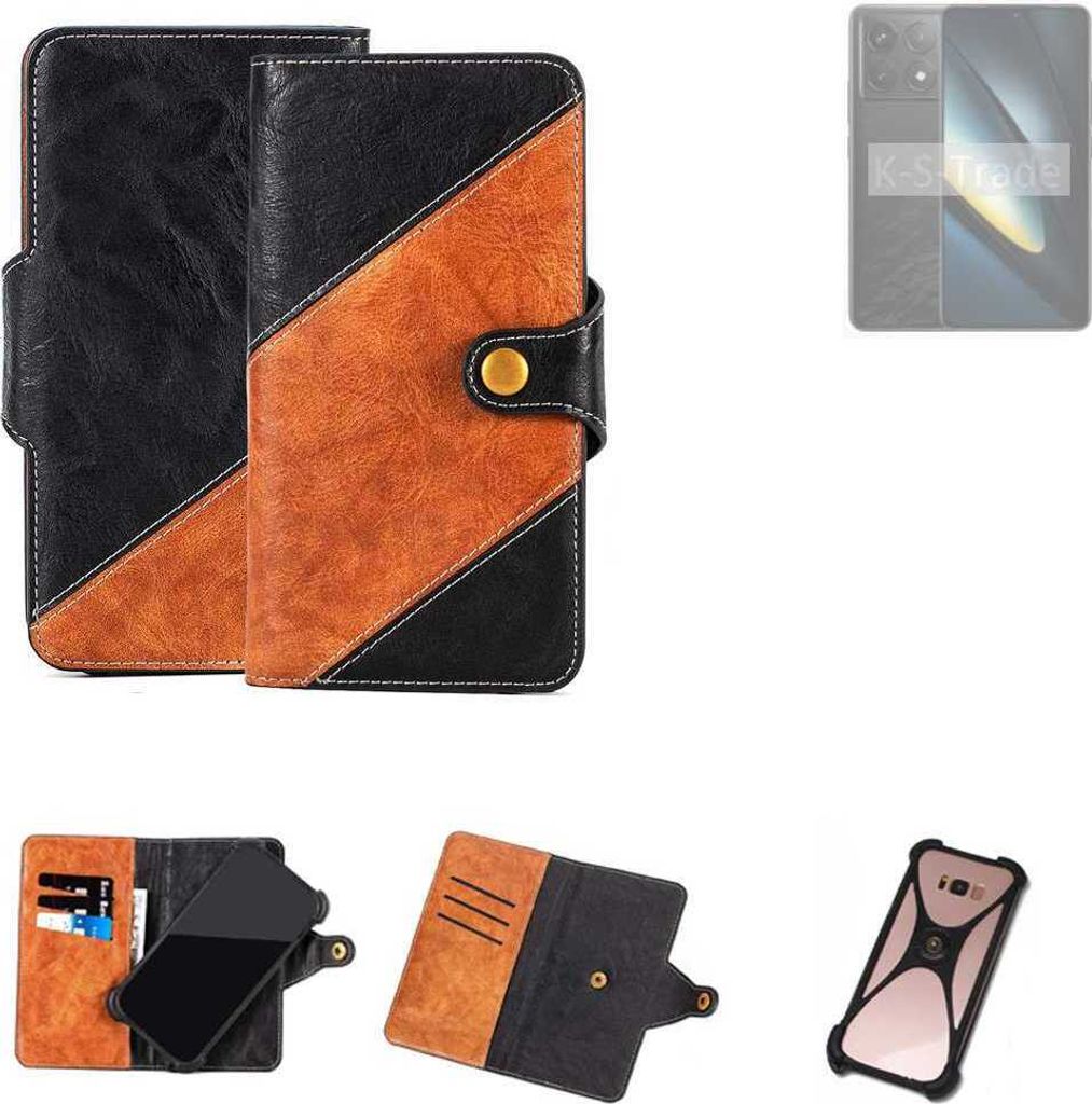 K-S-Trade Handyhülle Schutzhülle Bookstyle Case Wallet-Case kompatibel mit POCO F6 Pro Handy Cover Bumper Klapphülle schwarz hellbraun 1x