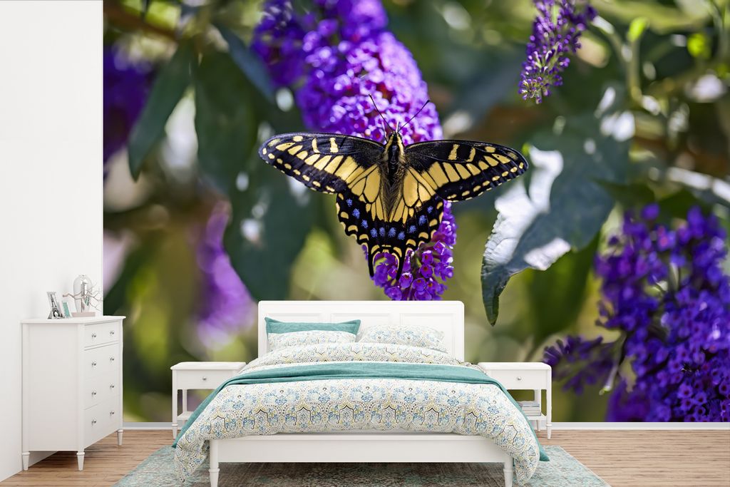 MuchoWow Fototapete für Wohnzimmer oder Schlafzimmer Wandtapete Vinyl Motivtapete Gelber Papilio glaucus auf einem Schmetterlingsstrauch - 525x3...