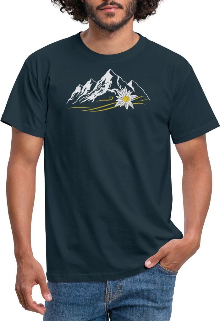 Spreadshirt Berglandschaft Bergliebe Alpen Mit Edelweiß Männer T-Shirt, M, Navy