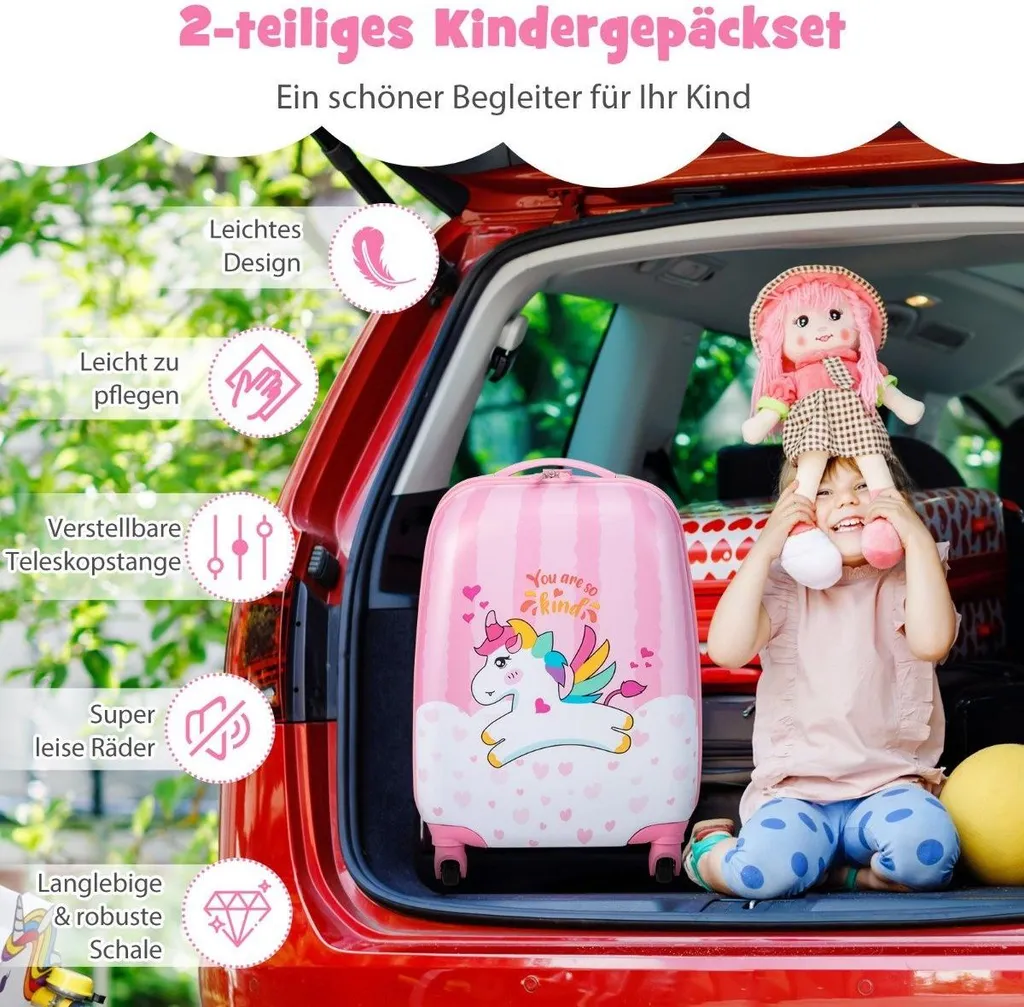 Valise licorne 16 pouces pour fille : kit voyage avec sac à dos rose 12''