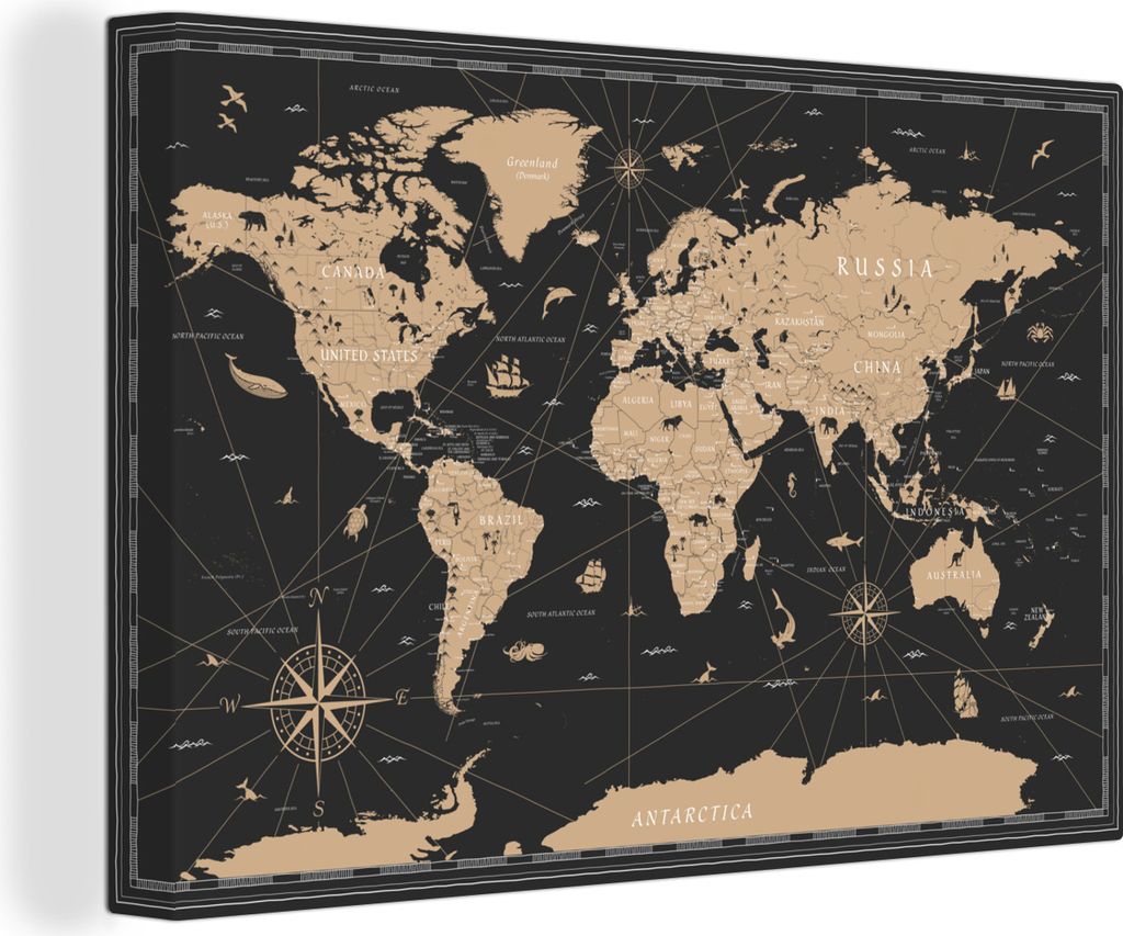 MuchoWow - Leinwandbilder - Karte - Welt - Braun, Wandbild, Wanddeko Bilder Wohnzimmer, 120x80 cm