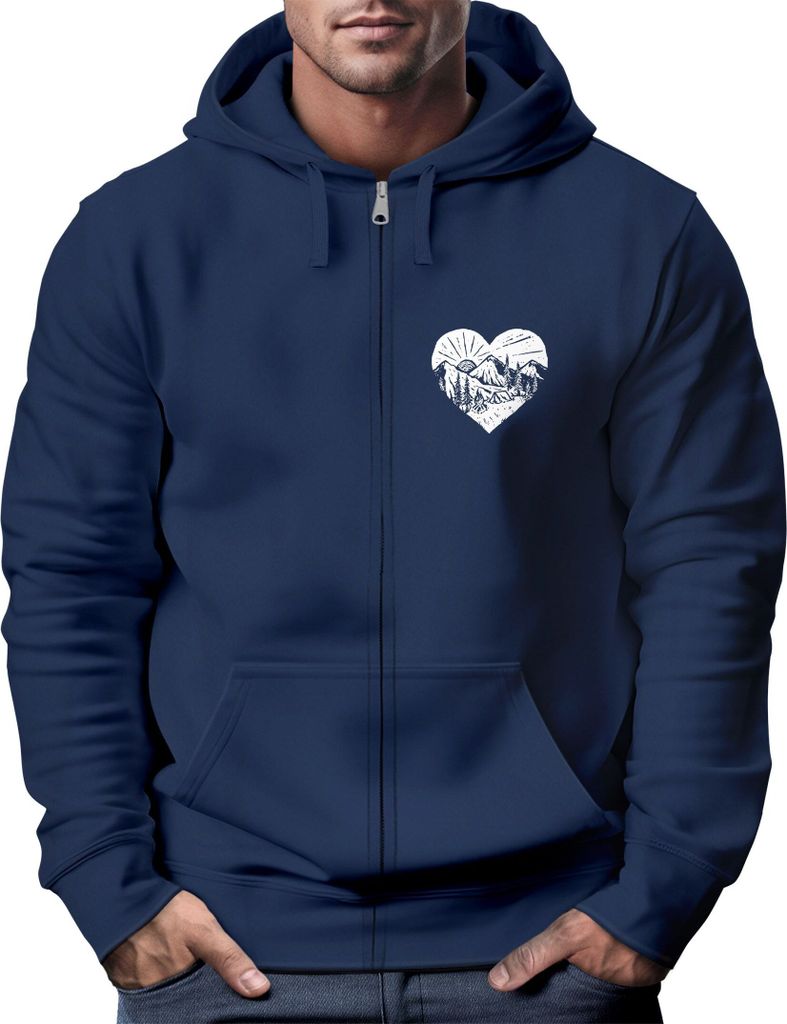 Herren Sweatjacke Wandern Herz Print Aufdruck Motiv Zipjacke mit Kapuze Männer Outdoor Fashion Neverless navy S