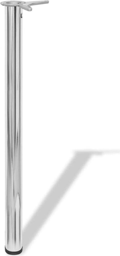 A single chrome table leg with a mounting plate is shown against a white background.