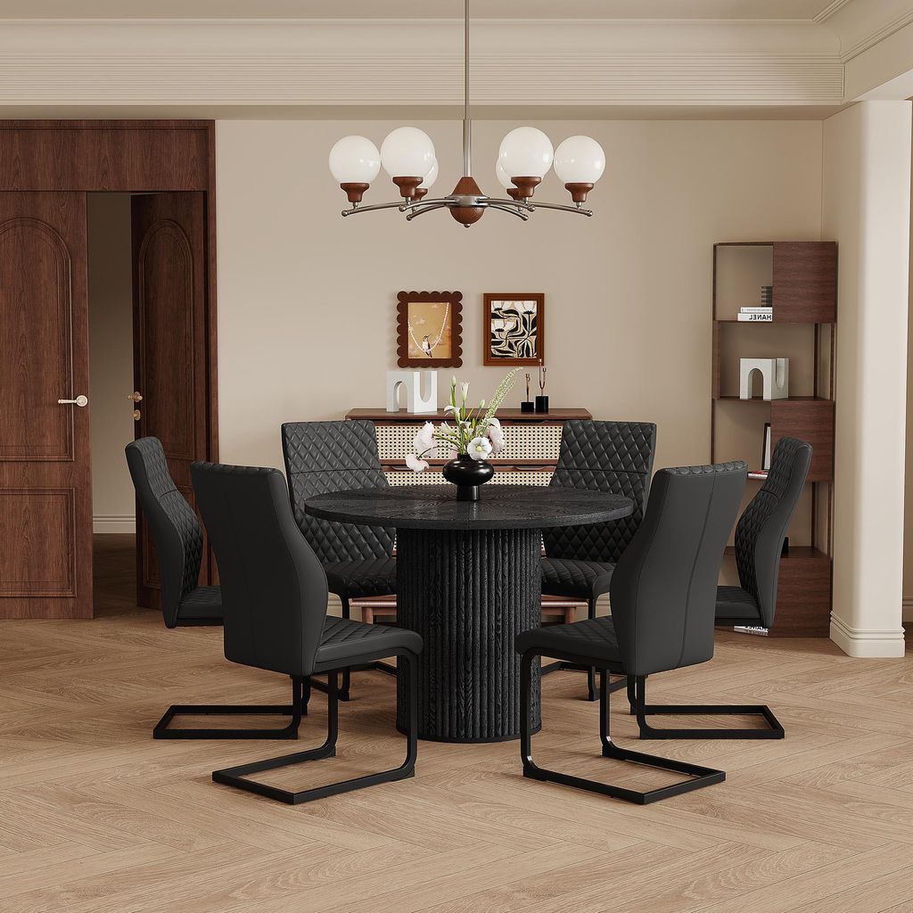 Esstisch-Set Rund Ø 100 cm Schwarz mit 6 Polsterstühlen moderne Sitzgruppe Essgruppe MDF-Tischplatte Küchentisch mit Rautensteppung hochwertig &...