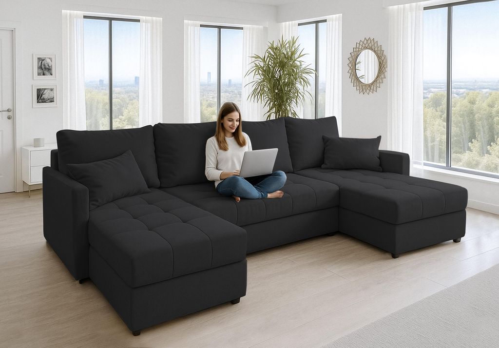 AX LIVING Canapé d'angle grand Dolceo 287 cm - Canapé noir Image du produit 