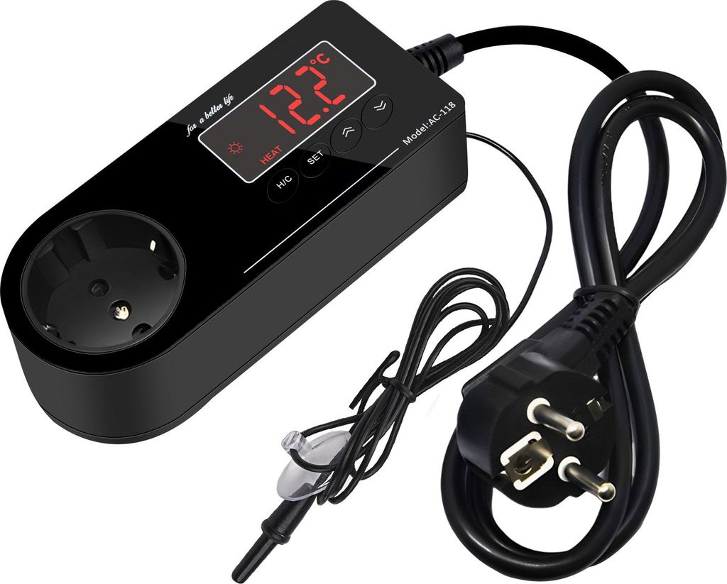 Digitaler Thermostat Steckdose 220V mit Sensor – Temperaturregler für Aquarien, Reptilien und Terrarien, EU-Stecker, Heiz- und Kühlfunktion