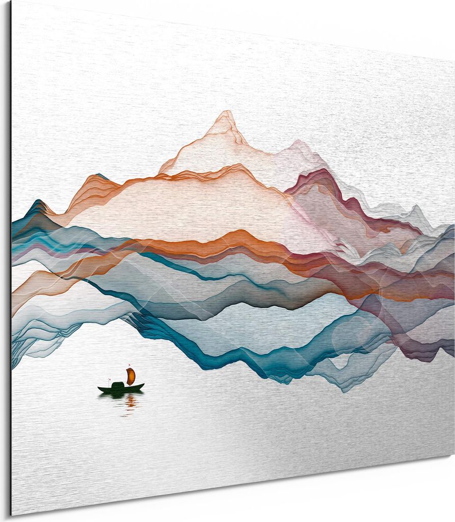 DEQORI Alu-Dibond Bild Silber 80x60 cm 'Berglandschaft' Wandbild Metall dünn Design