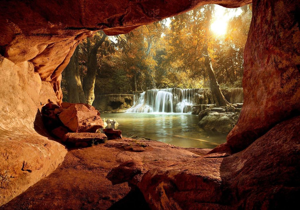 Vlies Fototapete Höhle Steine Natur Wald Wasserfall (254cm x 184cm - 2 Bahnen) Wohnzimmer Schlafzimmer Wandtapete Tapete Latexdruck UV-Beständig ...