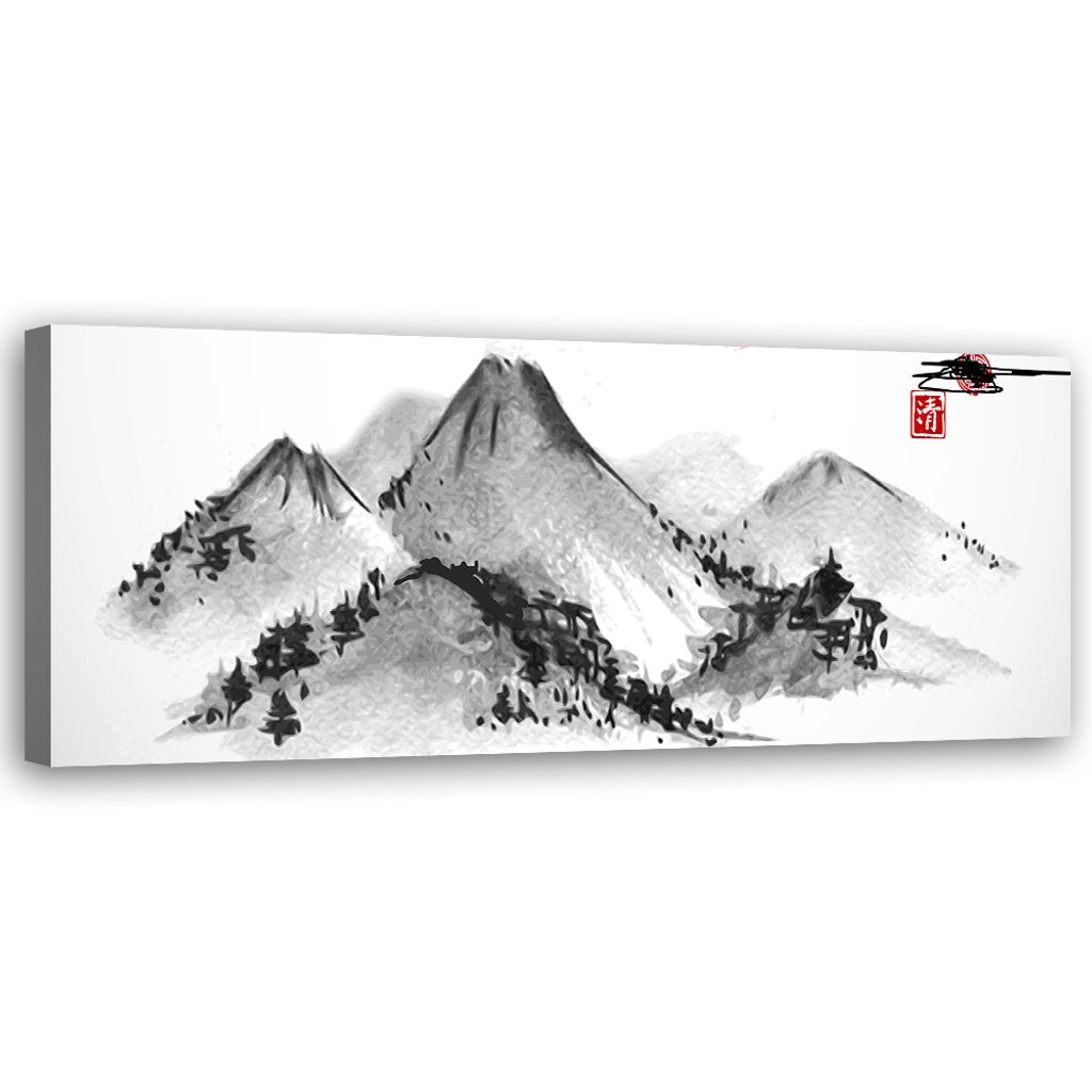 Leinwandbild Japanische Berge 150x50 Feeby Schwarz-Weiß bild für die wand bereit zum aufhängen