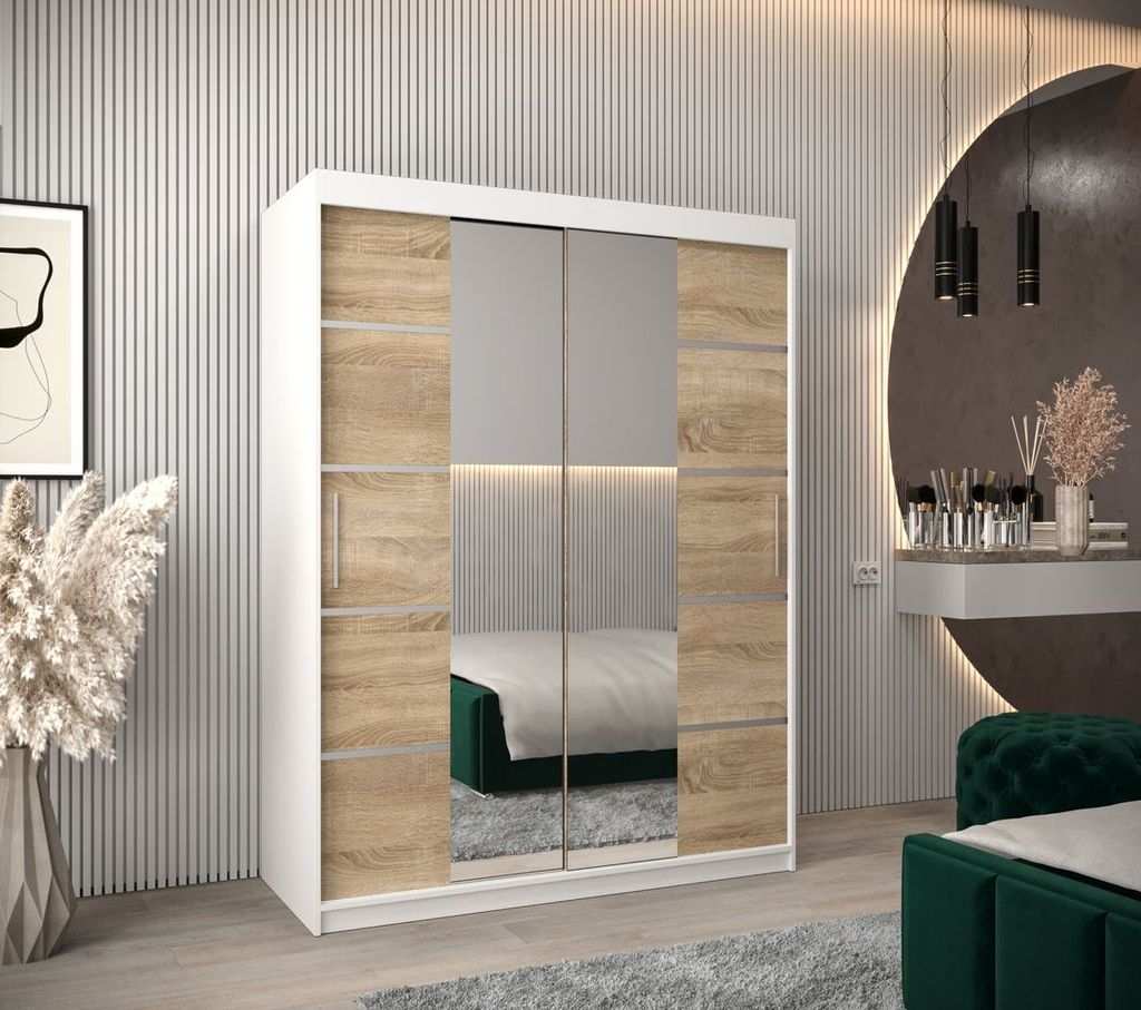 Schrank mit Spiegeln VIVIEN – Breite 150 cm, Weiß / Eiche Sonoma