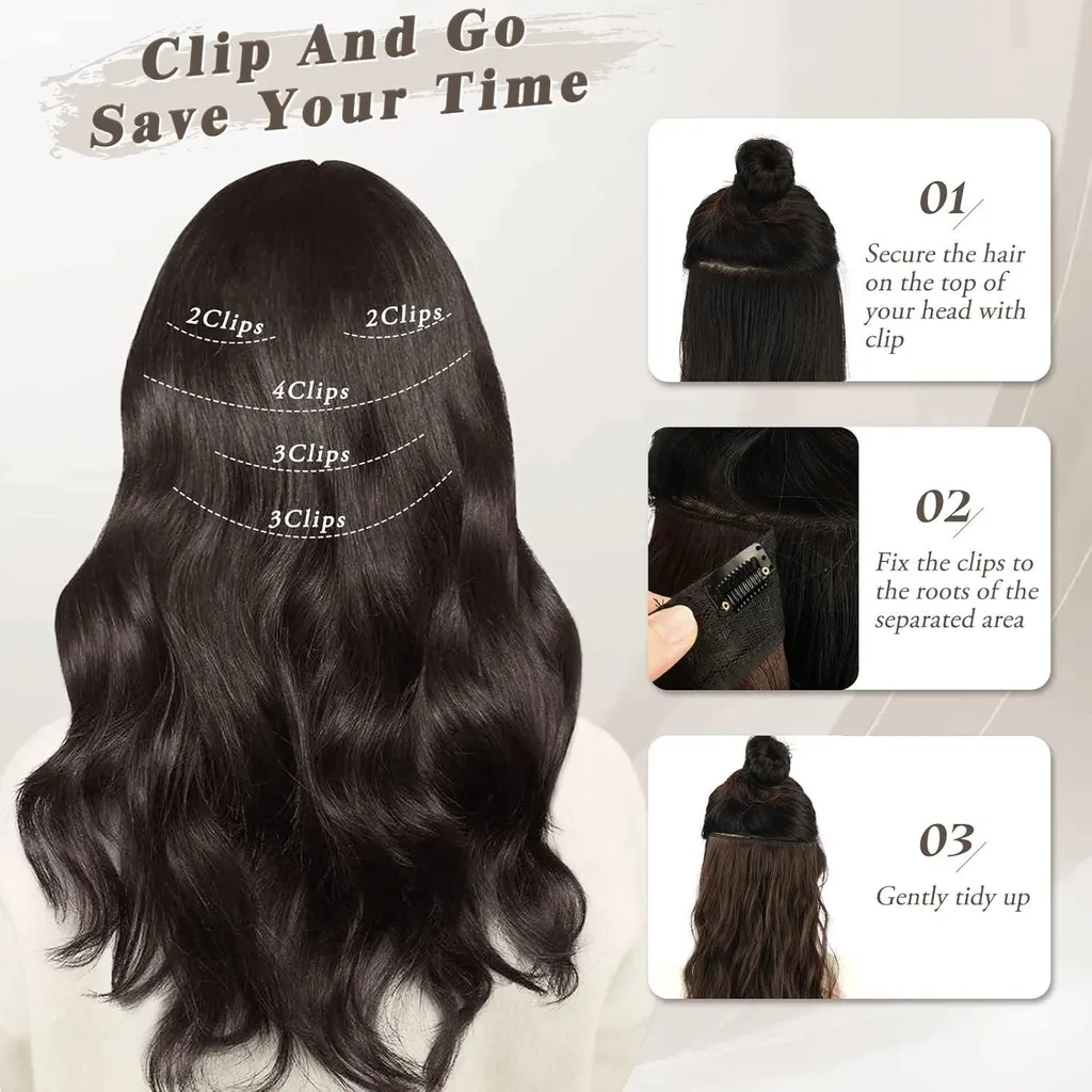 Extensions cheveux 35cm ondulé brun système 5 clips pose invisible