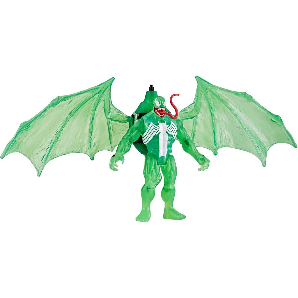 A green Venom action figure with large translucent green wings is shown against a white background.