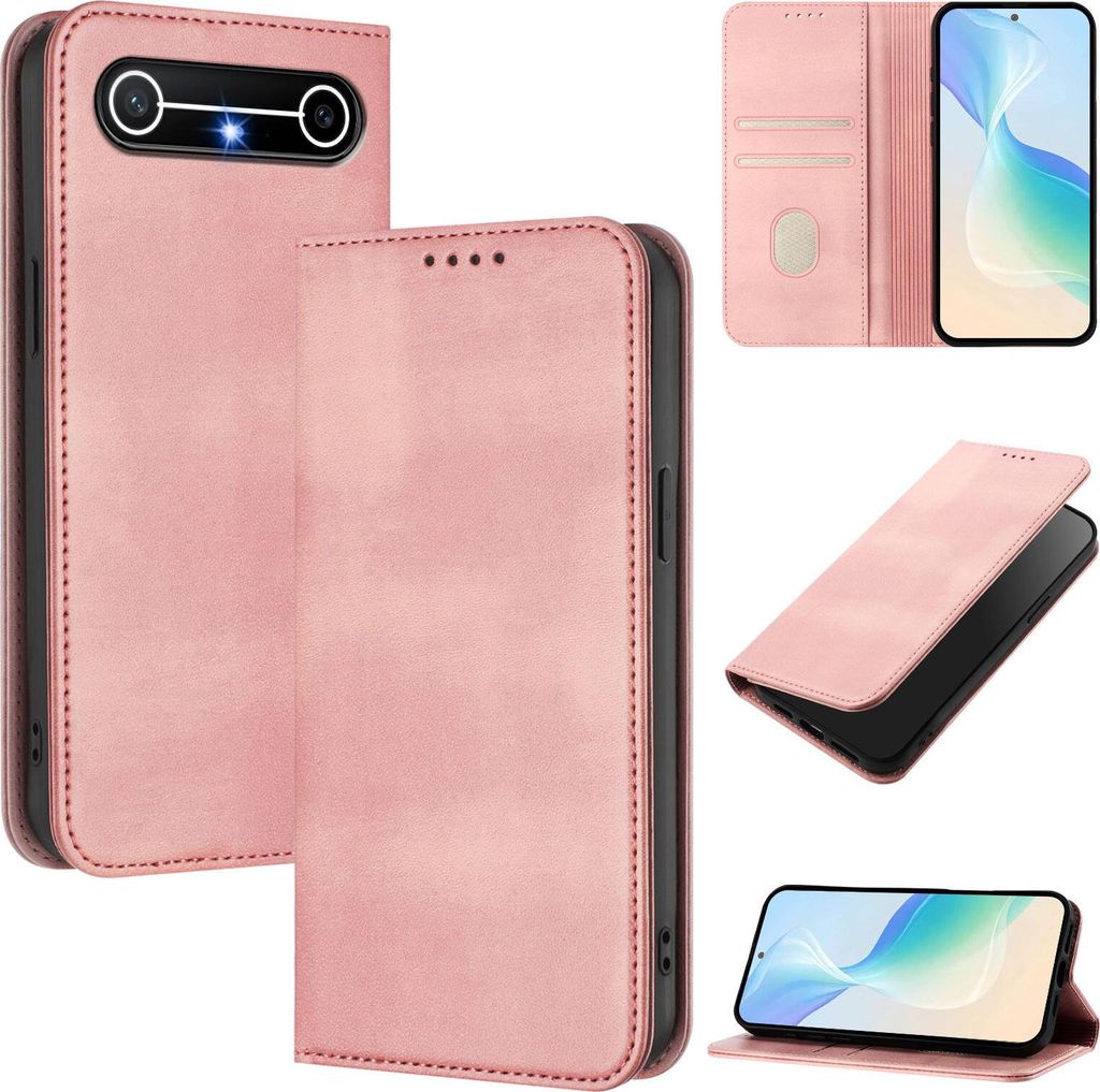 Handyhülle für Tecno Pova Slim, Vintage Leder RFID Schutz Kartenfach Standfunktion Magnetische Klapphülle Pink