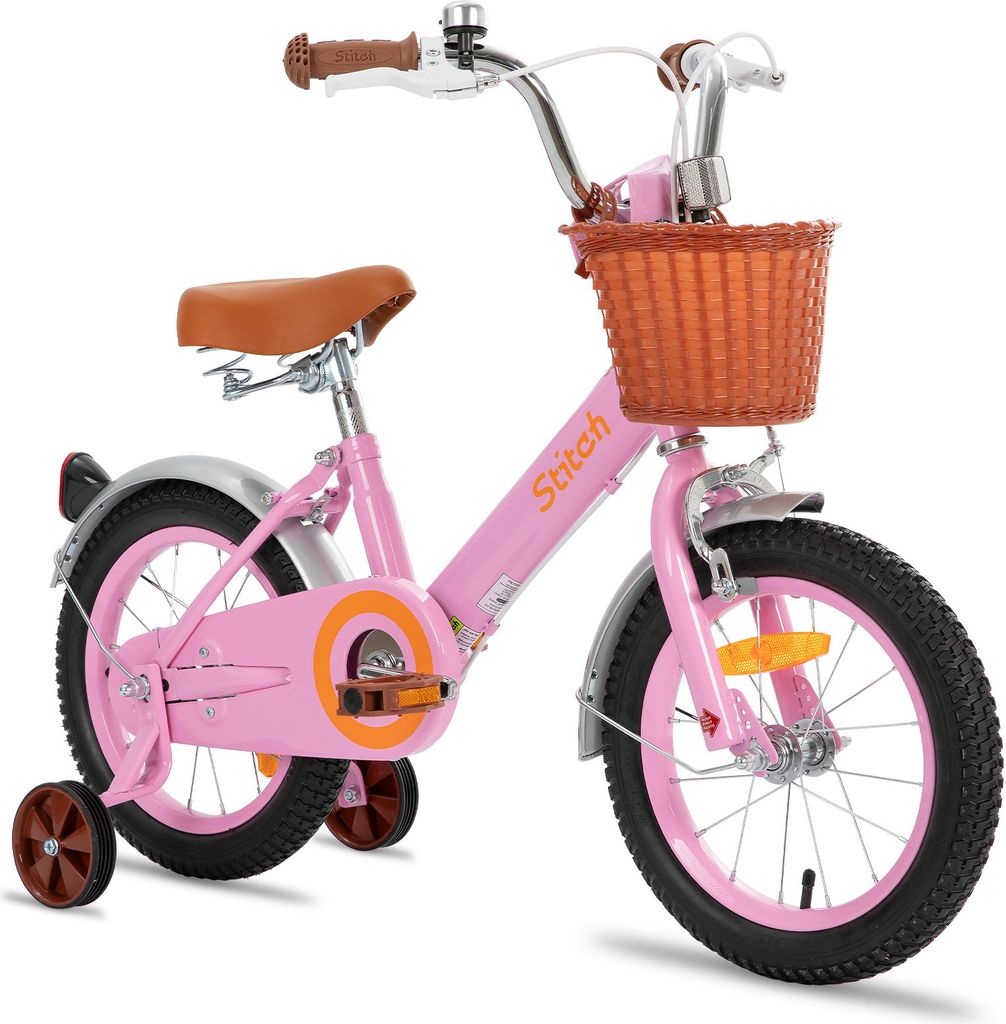HILAND Stitch 16 Zoll Kinderfahrrad für Mädchen 4 5 6 7 8 Jahre alt mit Vorderkorb, Stützrädern, Schutzblech, Klingel, Rosa