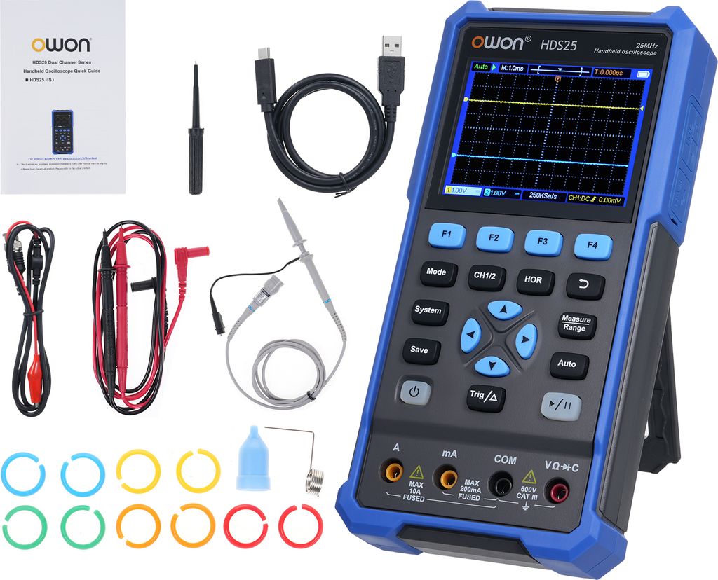 2-in-1-Oszilloskop-Multimeter, zweikanalig, 25 MHz Bandbreite, tragbares Handoszilloskop, 10.000 wfms/s, 20.000 Zaehlungen, unterstuetzt PC-Softwar...