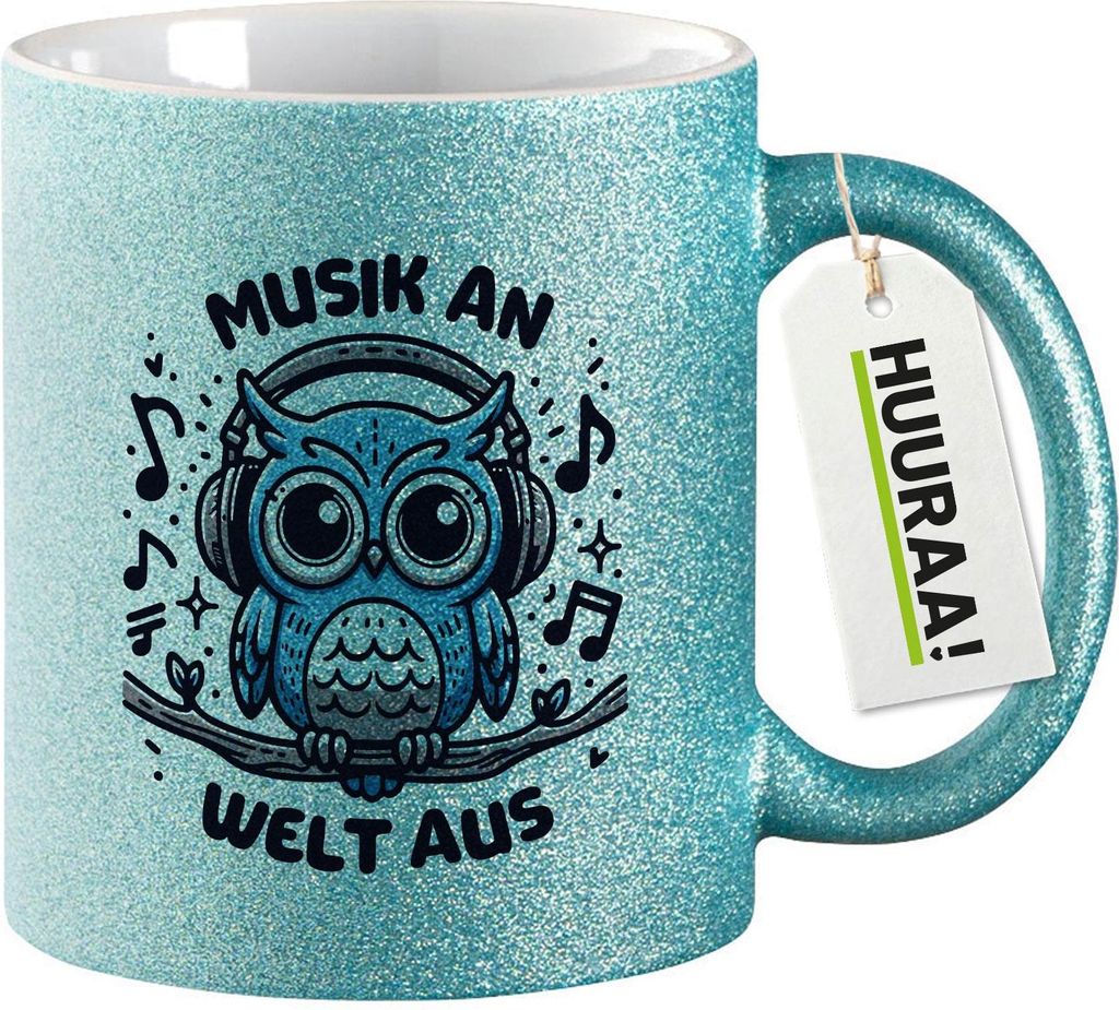 Huuraa Glitzertasse Musik an Welt aus Eule 330ml Blau Keramik Kaffeebecher Geschenkidee