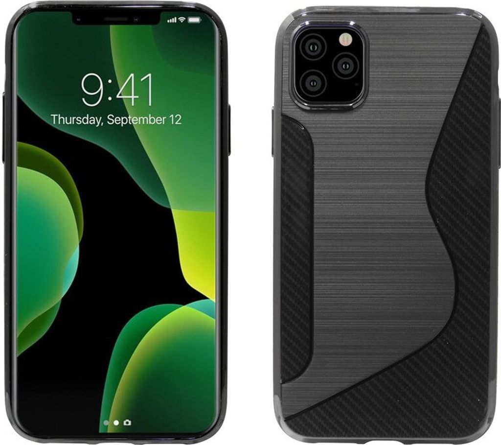 iPhone 11 Pro Max // S-Line TPU SchutzHülle Silikon Hülle Silikonschale Case Cover Zubehör Bumper Schwarz Mit 9H Schutzglas