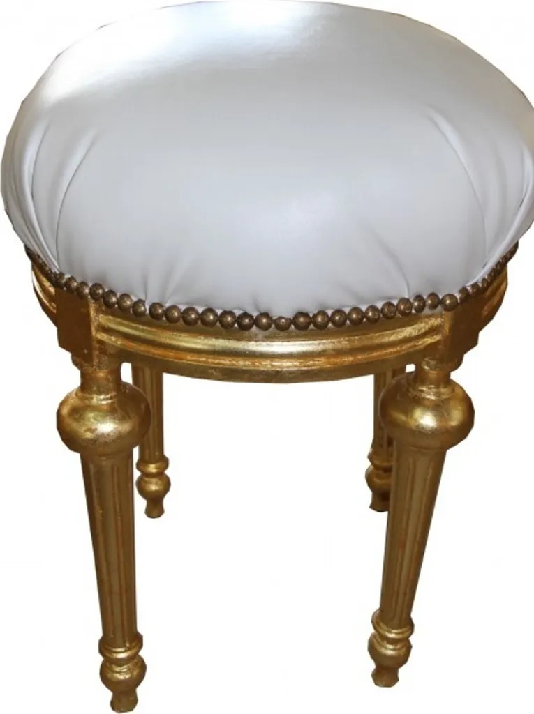 Tabouret rond baroque en simili-cuir blanc et pieds dorés