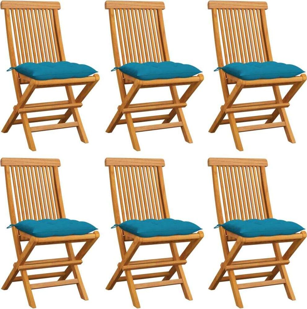 Gartenstühle mit Hellblauen Kissen 6 Stk. Massivholz Teak