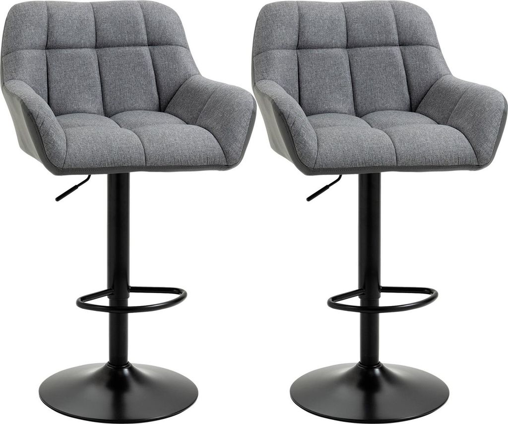 Barhocker küche 2er-Set Höhenverstellbar 360° drehbar mit Lehne und Fußstütze, Leinenoptik, bis 120 kg, 57,5 x 52,5 x 93-114 cm, Grau