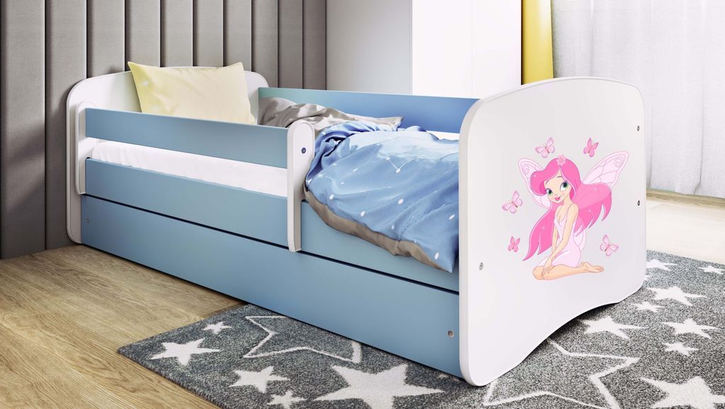Kinderbett Jugendbett Fee mit Schmetterlingen 70x140, 80x160, 80x180 cm - Komplettset mit Schublade & Rausfallschutz