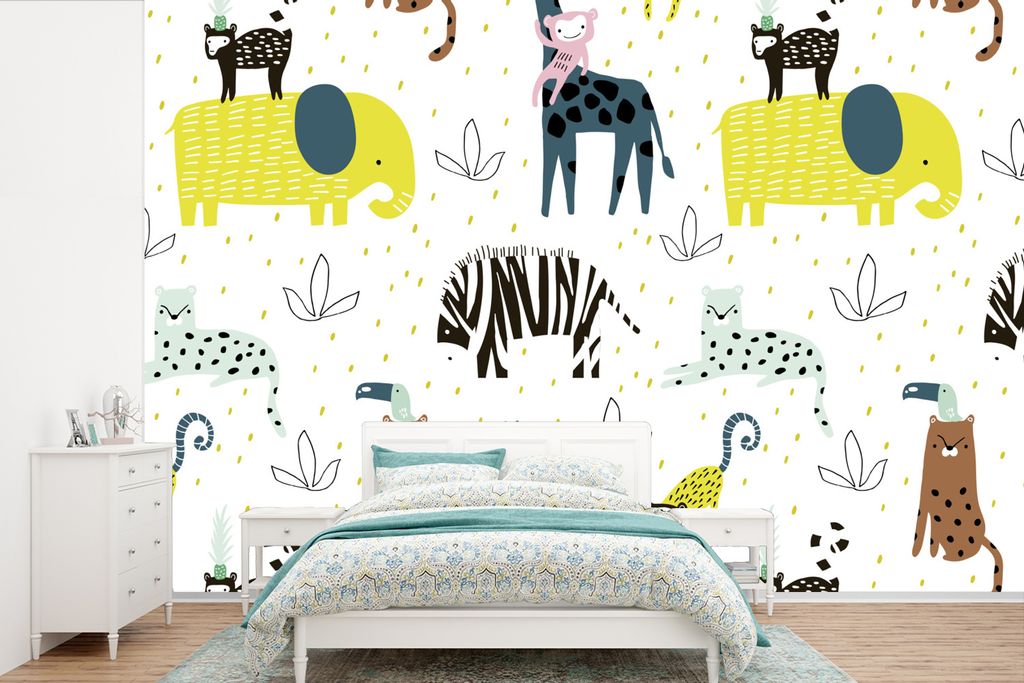 MuchoWow Fototapete für Wohnzimmer oder Schlafzimmer Wandtapete Vinyl Motivtapete Tiere - Dschungel - Pastell - Kinder - 420x280 cm - Zimmer fü...