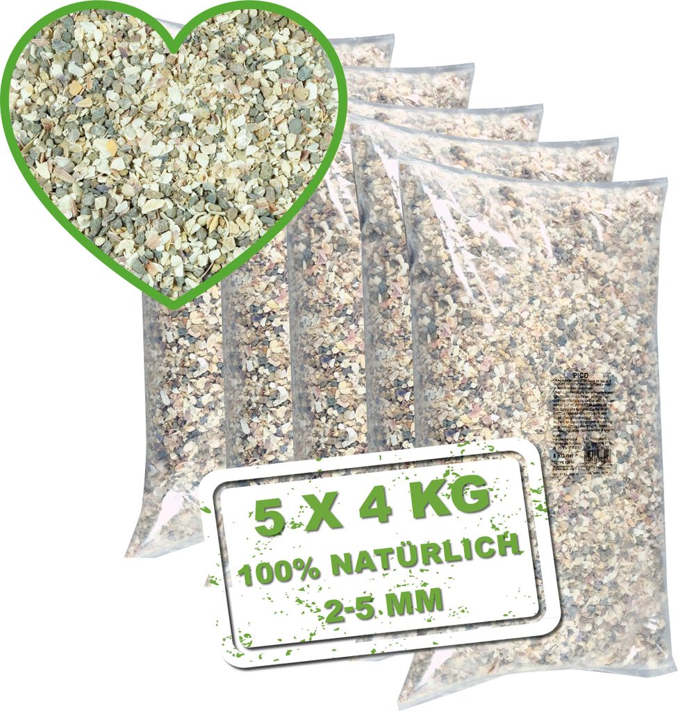 Meine Hennen - Muscherlschrot Nr.3 - 5x 4 Kg - Muschelgrit für Hühner, Tauben und Wachteln - Gritstein, Futterkalk, Pickstein, calcium für hühner