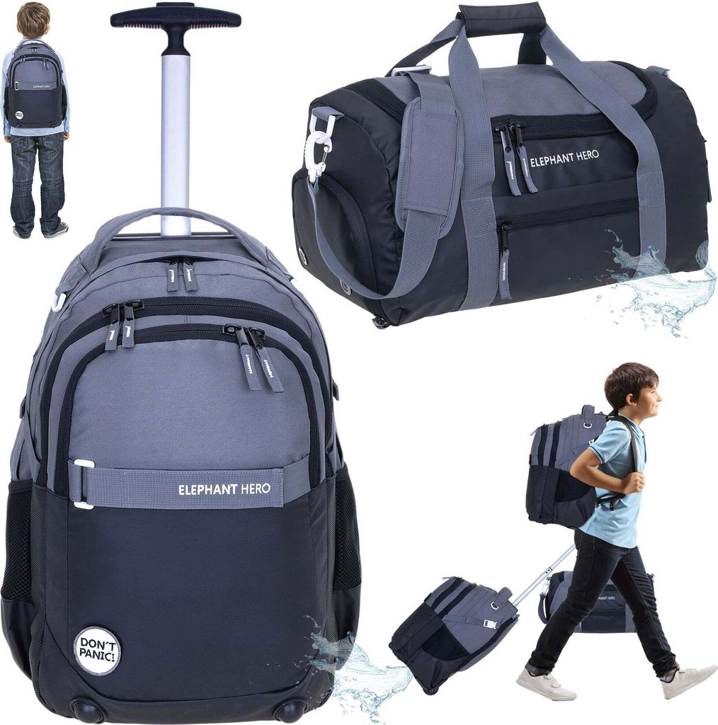 Trolley Schulrucksack 2 Teile Set Elephant Hero Signature Rucksack Rollen Schultasche Trolly + Sporttasche 13048 Color Block Schwarz Anthrazit ts