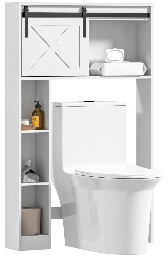 Meuble dessus WC avec porte coulissante et étagère réglable blanc mat