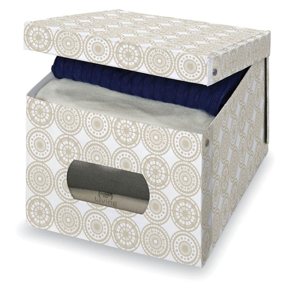 A storage box with a lid, partially open, revealing folded clothes inside. The box has a decorative pattern.