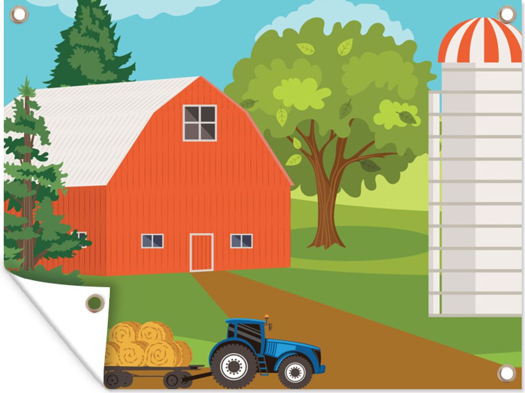 MuchoWow 80x60 cm Outdoor-Poster Gartendeko Sichtschutz Garten Poster für den Garten Eine Illustration der Heuballen auf dem Wagen hinter dem Tr...