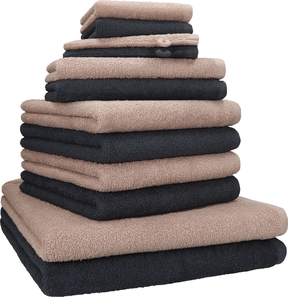 Betz 12-tlg. Handtuch-Set BERLIN 2 Liegetücher 4 Handtücher 2 Gästetücher 2 Seiftücher 2 Waschhandschuhe 100% Baumwolle – Farbe: cappuccino ...