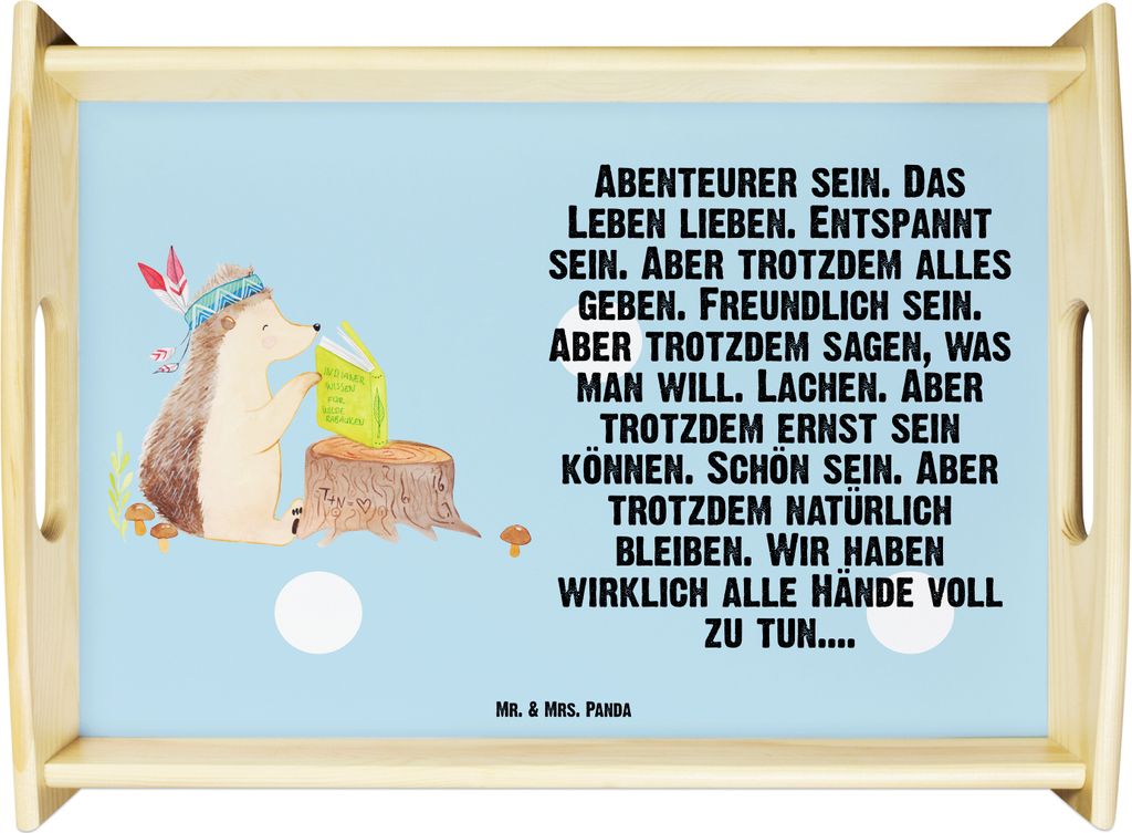 Mr. & Mrs. Panda tablett zum servieren Igel Federschmuck - Blau Pastell - Geschenk, Camping, sofatablett, Lagerfeuer, Holztablett, Indianer, Servie...