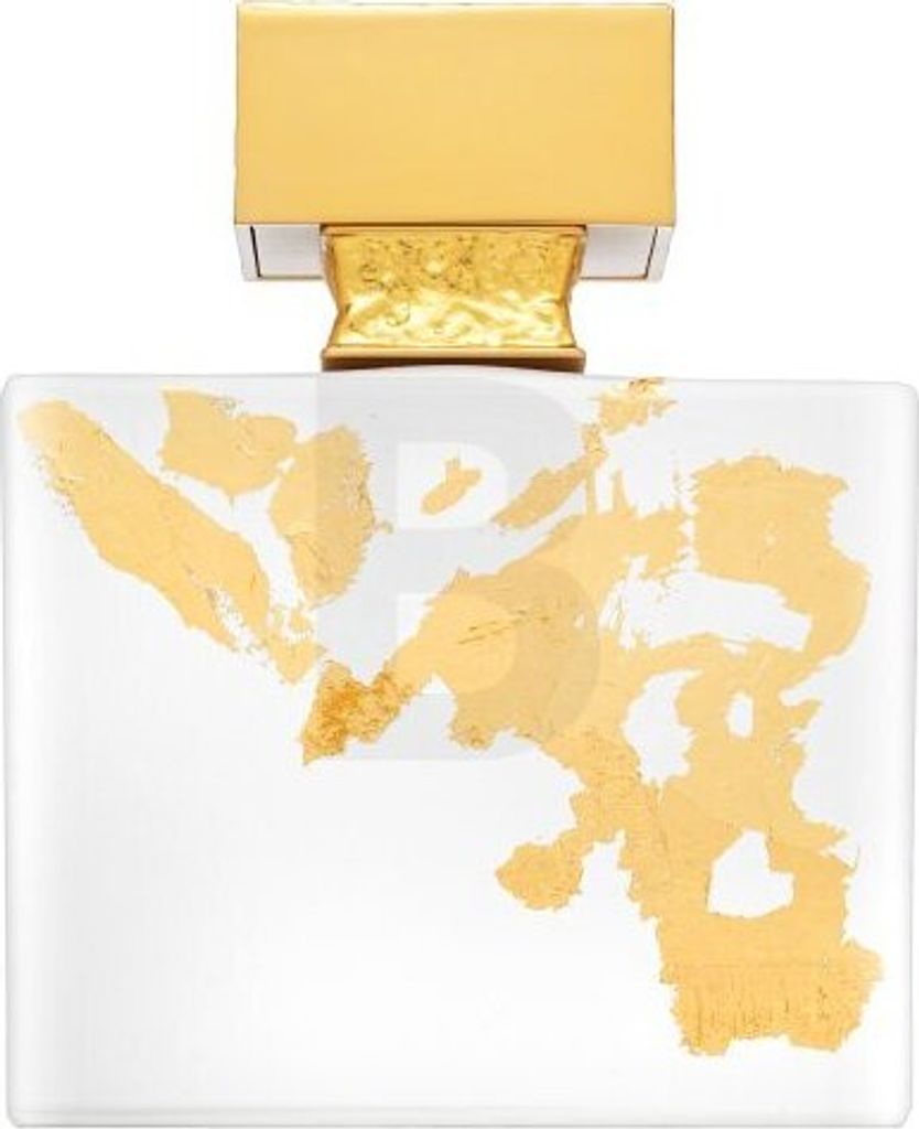 A close-up shot of a perfume bottle with a white body and gold accents.