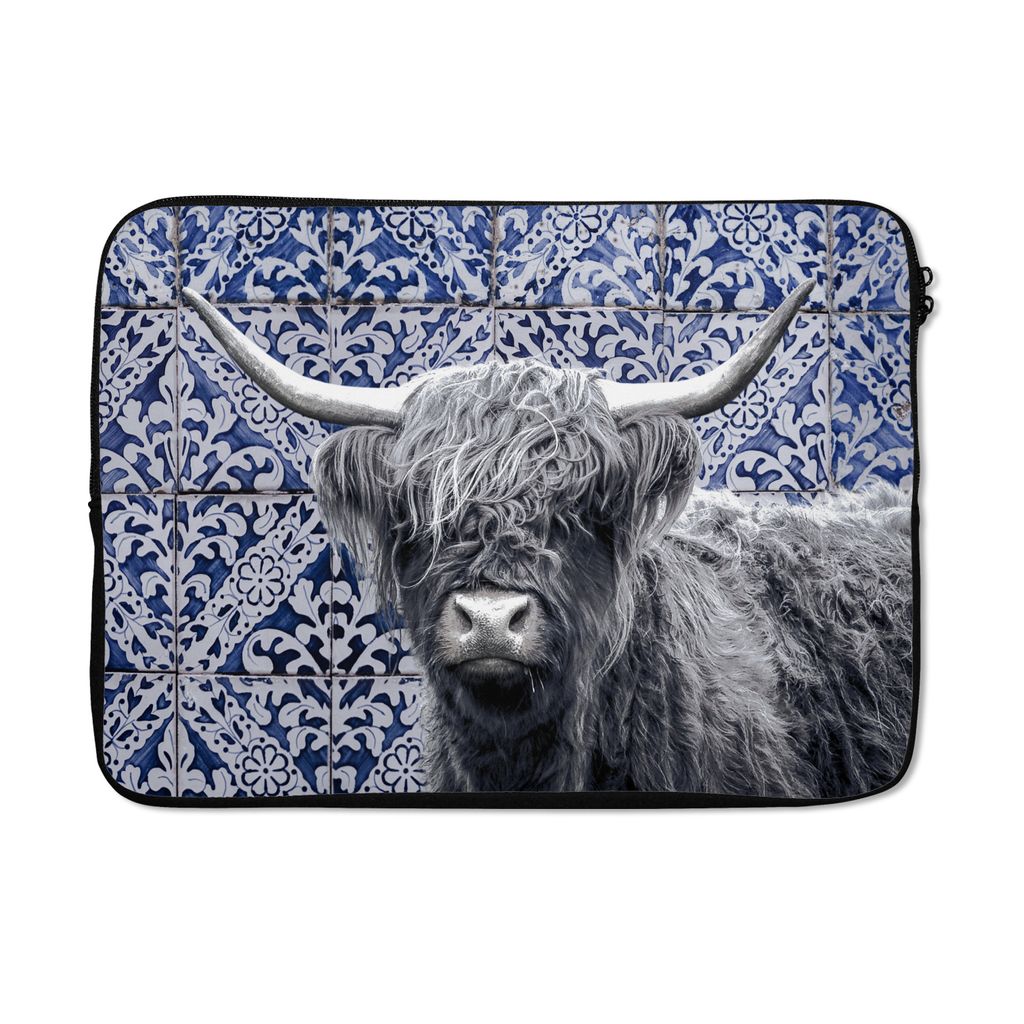 MuchoWow Laptop Hülle 14 ZollScottish Highlander - Delfter Blau - Schwarz - Weiß Laptoptasche - Laptoptasche - Stoßsicher - Schutzhaube