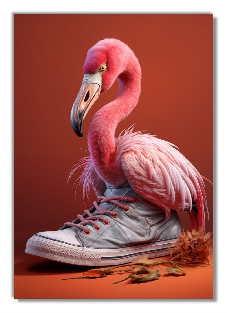 Wallario Premium Glasbild, freischwebende Optik, kräftige Farben, Größe 100 x 70 cm Motiv Flamingo im Sneaker