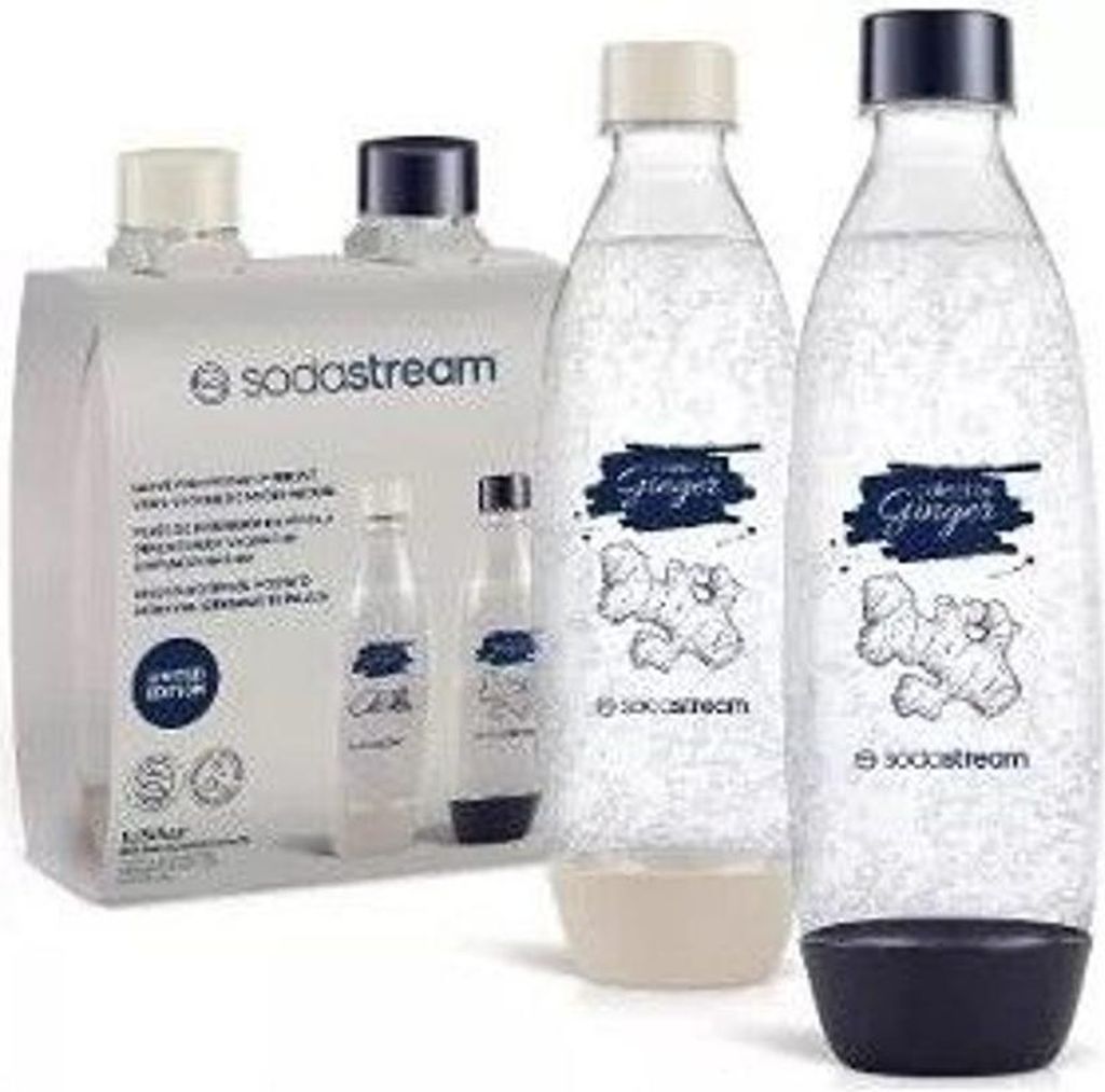 A collection of SodaStream bottles and a SodaStream CO2 cylinder refill box.