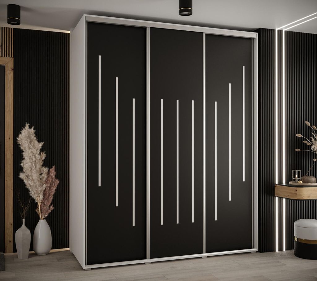 Kleiderschrank YVONA 8 – 190/60 cm, weiß/schwarz/silber